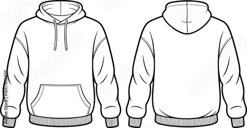 Front and back hoodie technical flat illustration with kangaroo pocket, drawstring hood, ribbed cuffs hem, casual apparel design
