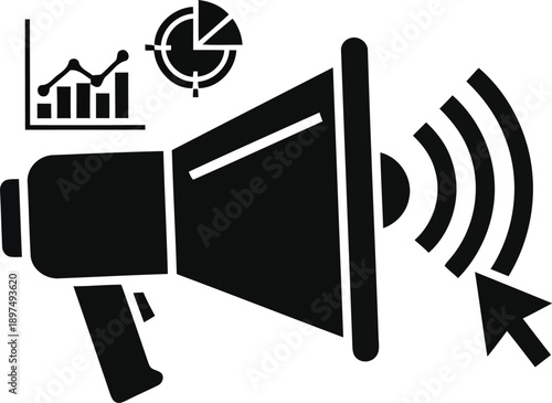 Megaphone announcement symbol with analytics charts and mouse cursor represents marketing and communication strategy for business growth.