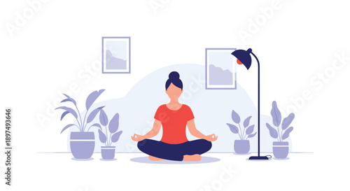 Young woman practicing yoga and meditation in her living room surrounded by lush green house plants and a lamp.