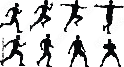 Male athlete silhouette set, dynamic sports poses, fitness motion illustration, black vector figure, running jumping training action, physical activity design