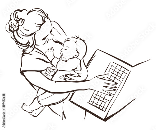Vector line art illustration of a mother breastfeeding a baby while working on a laptop. Shows maternity, freelance work, parenting, and balance. Isolated outline style for cards and Mothers Day.