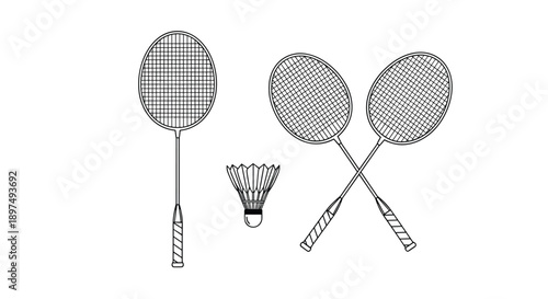 Black and white line art showing two crossed badminton rackets, a single racket, and a shuttlecock in the center.