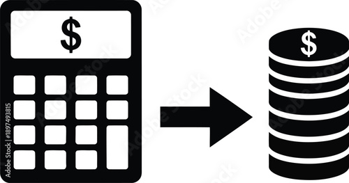 Calculator to coin stack icon, financial calculation, money management, investment, savings, profit, income