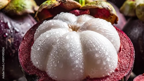 Closeup of sliced mangosteen white segments with water droplets burgundy rind and surrounding whole mangosteens
