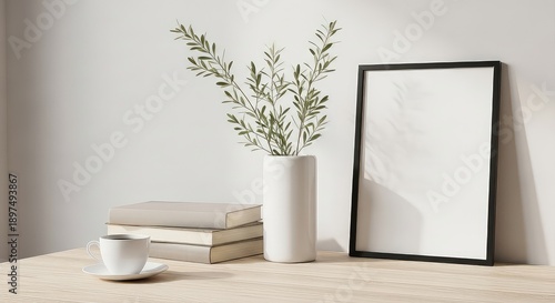 Picture frame mockup for lifestyle display showcasing coffee books and vase on wood table for brand promo ad space