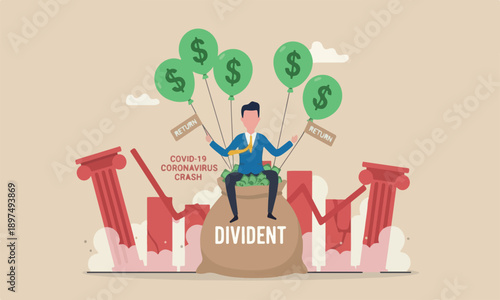 Dividend financial, businessman stock investor sitting on money bag with the word dividend floating with dollar sign balloons.