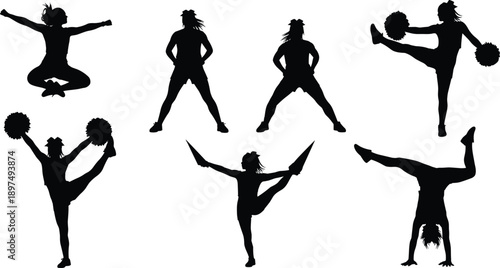Cheerleader silhouette vector, dynamic poses, pom-poms action, athletic movement, black design, energetic jump, sports spirit, team celebration, dance routine