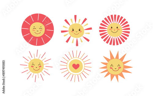 A set of colorful, bright, and cheerful suns. A variety of cute cartoon suns with smiles on their faces. Heart-shaped. Sunbeams, spring, and summer seasons.