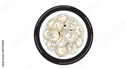 Top down view of a white plate filled with many delicious cooked dumplings or gyoza with a decorative black border.