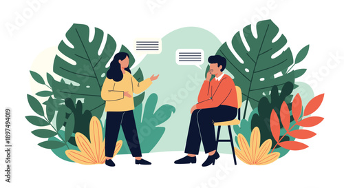 Man and woman having a conversation while sitting and standing among large tropical leaves and botanical plants.