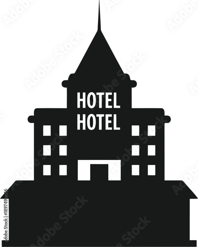 Classic hotel building icon with spire and windows representing travel accommodation and hospitality service for tourism