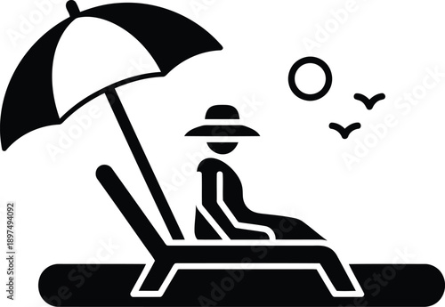 Relaxing vacation on beach umbrella lounger sun birds flying travel leisure summer holiday getaway recreation symbol