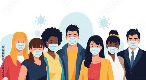 Group of diverse people wearing medical face masks with icons of viruses floating in the background for health awareness.