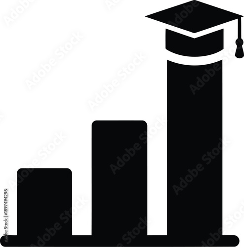 Graduation cap on rising bar chart representing education growth and academic success with increasing progress graph illustration
