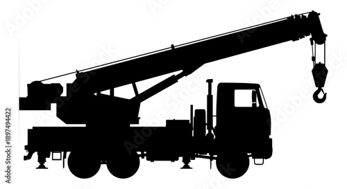 Truck mounted crane silhouette featuring construction and heavy lifting power against a white background vector illustration