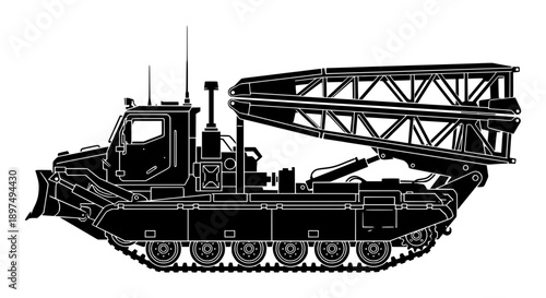 Armored vehicle with bulldozer and rocket launcher silhouette featuring military equipment and defense technology against a white background.