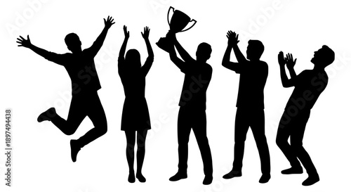 Diverse group of people celebrating success featuring a trophy and applause against a white background as a vector silhouette.