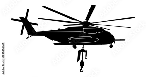 Helicopter with external hoist system showcasing utility and transport capabilities against a white background vector silhouette