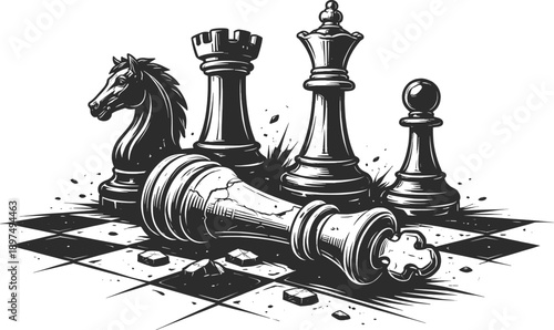 Fallen King Chess Strategy Illustration, Dramatic Checkmate Battle on Monochrome Board Art.