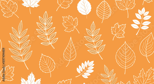 Seamless autumn pattern with delicate white outlines of various falling leaves over a bright solid orange background.