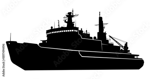 Silhouette of a modern cargo ship against a white background featuring maritime transport and logistics.