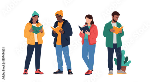 Four diverse people standing in a line all focused on reading books while wearing casual colorful autumn clothing.