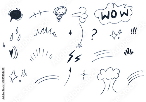 Collection of various comic book style sound effects and motion lines isolated on transparent background