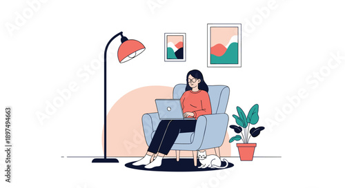 Young woman working comfortably on her laptop in a cozy living room sitting in a blue armchair with a cat nearby.