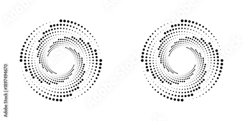 Modern abstract background. Halftone dots in circle form. Spiral logo, icon or design element. Black dots on a white background and white dots on the black side
