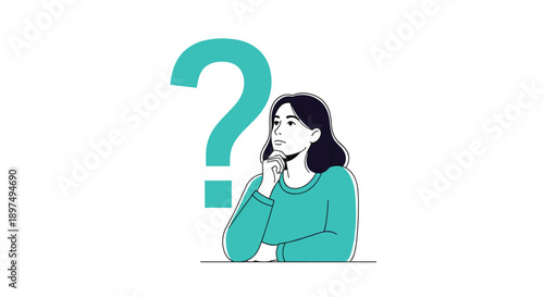 Pensive woman thinking with a hand on her chin against a large teal question mark icon symbolizing doubt or curiosity.