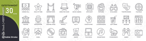 Entertainment concept simple line icons set. Pack outline pictograms of clapperboard, bullhorn, film, movie, camera, ticket, cinema hall and other. Editable stroke.