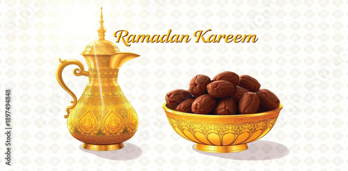 Ramadan Kareem Greeting Background with Golden Dallah Arabic Coffee Pot and Bowl of Fresh Dates for Iftar Celebration - Elegant Islamic Heritage and Traditional Fasting Culture Stock Illustration
