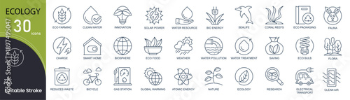 Ecology related line icons set. Pack outline pictograms of solar energy, wind turbine, recycling, water resource, bio, fauna, flora and other. Editable stroke. 