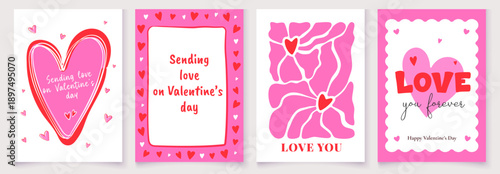 Modern Valentine’s Day vector background set with abstract colorful hearts and stylish typography. Romantic poster and card templates for social media, advertising, branding, sale offers and festive 