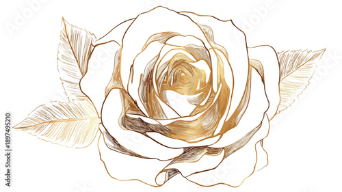 Elegant Golden Rose Design Concept Vector with Outline on White Background