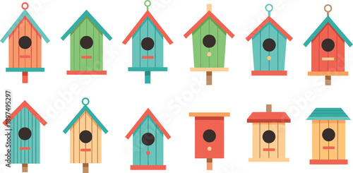Colorful Birdhouse Set with Different Wooden Nest Boxes Isolated on White Background Flat Vector Illustration