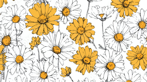 Beautiful Hand Drawn Daisy Flower Seamless Pattern Vector Art and Illustration
