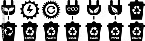 Collection of eco-friendly energy and recycling icons including power plugs solar energy and waste bins for various materials perfect for environmental concepts