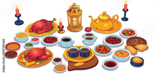 Ramadan, Iftar, Suhoor, Arabic cuisine, Middle Eastern food, 3D illustration, top view, flat lay, Islamic culture, festive feast, dinner table, dates fruit, traditional dishes, roast chicken, hummus, 