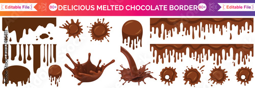 Chocolate melt drip. 3d vector realistic seamless pattern, Delicious melted dark chocolate dripping, perfect for dessert or confectionery designs, vector illustration
