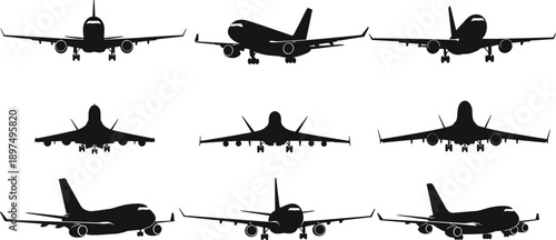 Airplane silhouette collection showing commercial jet aircraft from multiple angles aviation travel transportation concept black vector illustration set