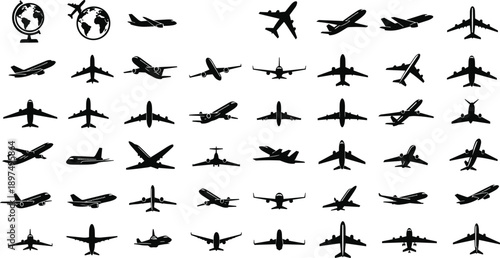 Airplane silhouettes icon set, aircraft top side front views, aviation travel transport symbols, commercial jet collection, black vector isolated