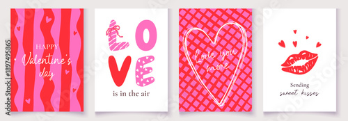 Trendy Valentine’s Day vector card and poster collection with bright abstract hearts and modern typography. Design templates for banners, social media posts, branding, advertising, promotions and holi