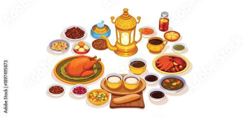 Traditional Middle Eastern Iftar Table 3D Illustration: Authentic Arabic Cuisine Feast featuring Dates, Lanterns, Hummus, and Roast Chicken for Ramadan Celebration and Festive Family Dining Background