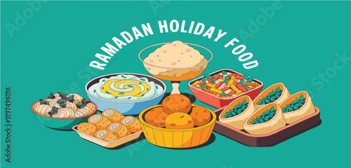 ramadan food, holiday meal, iftar dinner, islamic cuisine, middle eastern food, suhoor, eid mubarak, traditional dishes, flat illustration, biryani, hummus, dates, appetizers, buffet, ramadan kareem, 