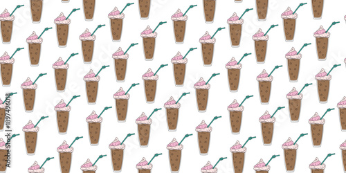 Glass of coffee. Seamless pattern. Greek frappe. Linear icon. Iced coffee dessert. Illustration, doodle.