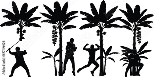 Banana farming silhouette illustration, black vector design, harvesting pose, machete action, crop field, farmer figure, tropical agriculture, rural life, produce concept