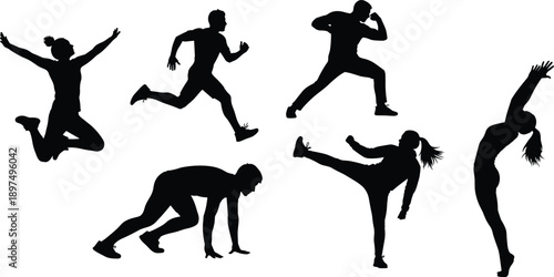 Athletic silhouette poses, black fitness illustration, dynamic exercise movements, sports action art, physical activity concept, healthy lifestyle design