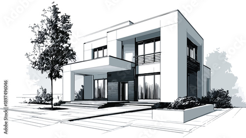 Modern House Isolated on White Background Real Estate Concept