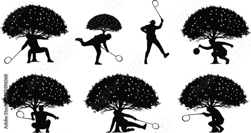 Badminton tree fusion silhouettes, black nature athlete art, creative sports illustration, symbolic movement concept, surreal outdoor design